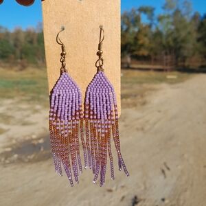 Purple And Brown Beaded Fringe Earrings